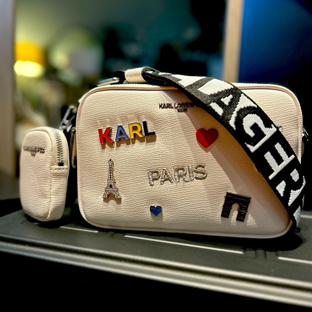 Karl Lagerfeld Maybelle Crossbody Bag purse Double Zip White With Pins And Pouch